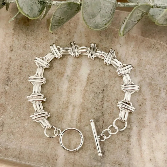 925 Sterling Silver Chunky Chain Link Toggle Bracelet Silver Statement Bracelet - Picture 1 of 9
